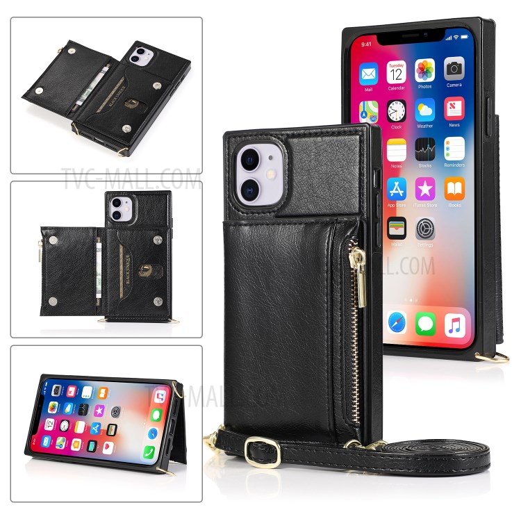Étui En Cuir De Téléphone Portable Avec Sangle De Fermeture À Glissière De Poche Pour IPhone 11 6.1 Pouces - Noir-1