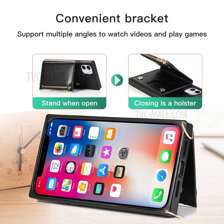 Étui En Cuir De Téléphone Portable Avec Sangle De Fermeture À Glissière De Poche Pour IPhone 11 6.1 Pouces - Noir-11