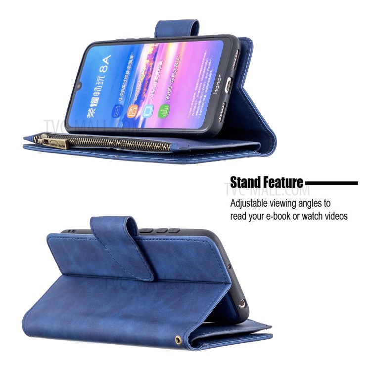 Coquille En Cuir De Style Fermeture À Glissière Pour Huawei Y6 (2019, Avec Capteur D'empreinte Digitale) / Y6 Premier (2019) / 8A Honneur - Bleu-5