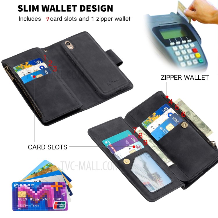 Zipper Pocket Detachable Leather Wallet Stand Mobile Phone Shell for Huawei Y5 (2019)/Honor 8S - Black-6