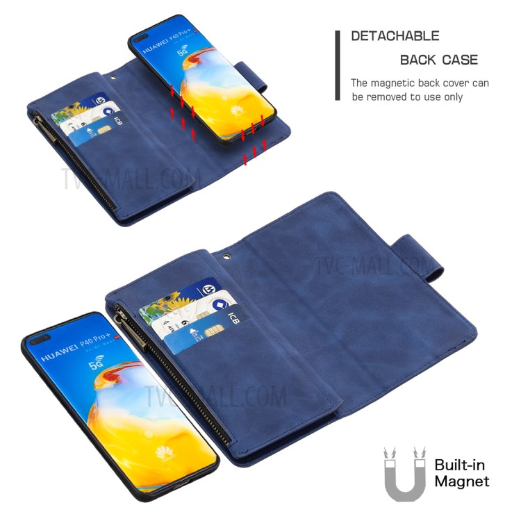 Poche À Fermeture Éclair Amovible 2 En 1 Étui En Cuir Stand De Portefeuille Pour P40 Pro Huawei - Bleu-2