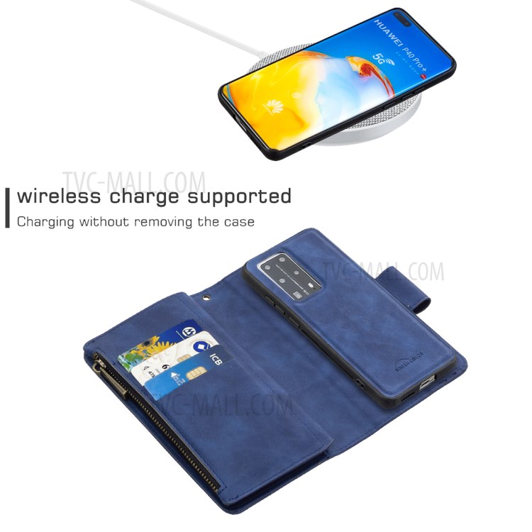 Poche À Fermeture Éclair Amovible 2 En 1 Étui En Cuir Stand De Portefeuille Pour P40 Pro Huawei - Bleu-5
