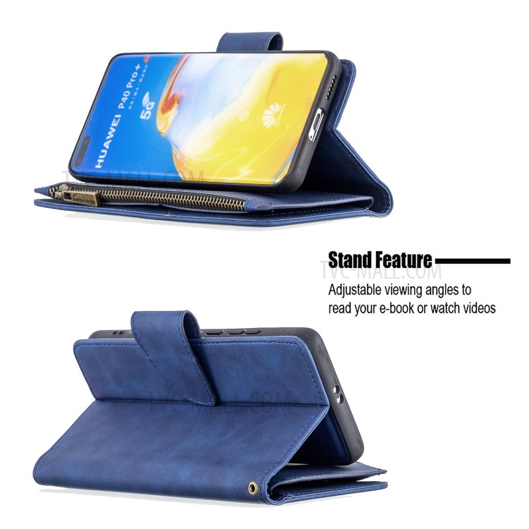 Poche À Fermeture Éclair Amovible 2 En 1 Étui En Cuir Stand De Portefeuille Pour P40 Pro Huawei - Bleu-6