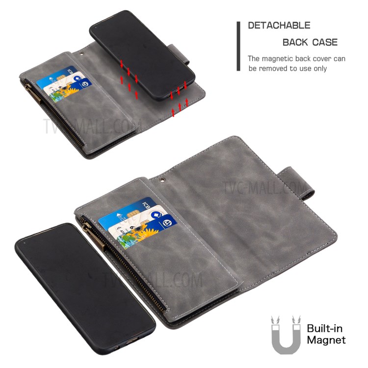 Zipper Pocket Detachable 2-in-1 Leather Wallet Stand Case for Huawei P40 lite 4G / Nova 7i / Nova 6 SE - Grey-2