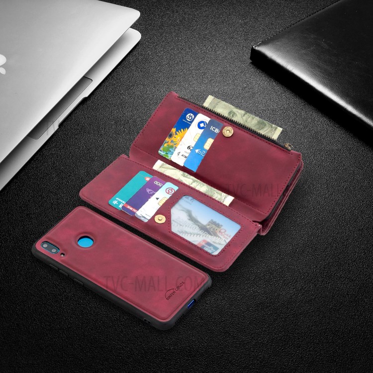 Bolso Zíper Couro Caso Destacável 2-em-um Suporte Da Carteira Para Y7 Huawei (2019) / Y7 Prime (2019) - Vinho Vermelho-10