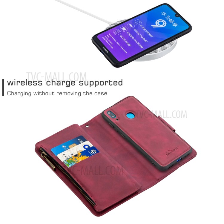 Bolso Zíper Couro Caso Destacável 2-em-um Suporte Da Carteira Para Y7 Huawei (2019) / Y7 Prime (2019) - Vinho Vermelho-5