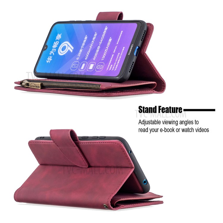 Bolso Zíper Couro Caso Destacável 2-em-um Suporte Da Carteira Para Y7 Huawei (2019) / Y7 Prime (2019) - Vinho Vermelho-6