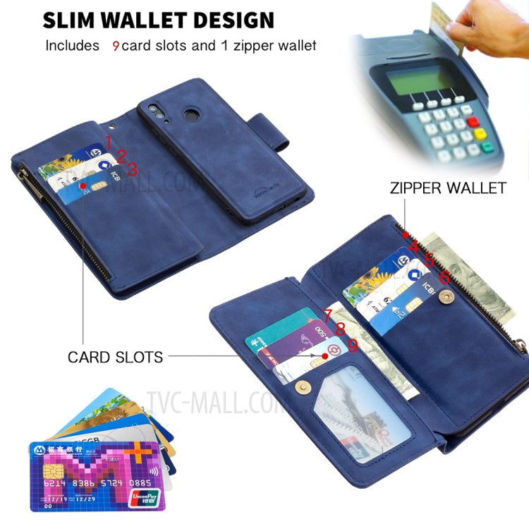 Zipper Pocket Detachable 2-in-1 Leather Wallet Stand Case for Huawei P Smart (2019) / Honor 10 Lite / Nova Lite 3 (Japan) - Blue-4