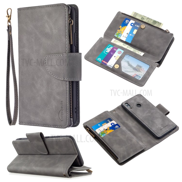 Bolso Zíper Couro Caso Destacável 2-em-um Suporte Da Carteira Para Huawei P Inteligente (2019) / Honra 10 Lite / NOVA Lite 3 (Japão) - Cinzento-1
