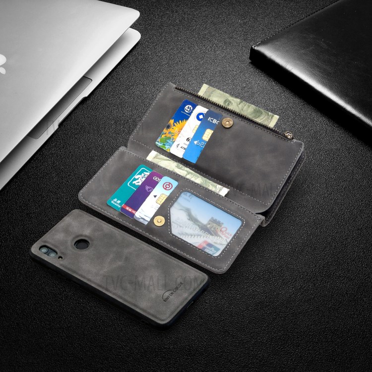 Bolso Zíper Couro Caso Destacável 2-em-um Suporte Da Carteira Para Huawei P Inteligente (2019) / Honra 10 Lite / NOVA Lite 3 (Japão) - Cinzento-7