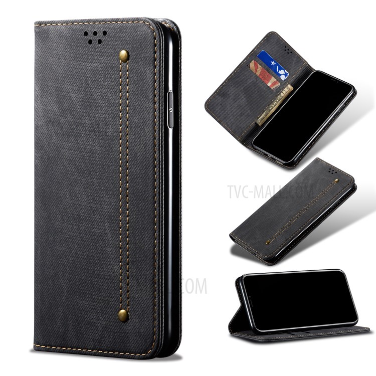 Jeans Cloth Texture Wallet Leather Mobile Phone Protective Cover for Huawei Y5p - Black-1