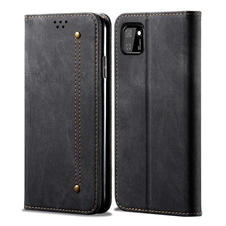 Jeans Cloth Texture Wallet Leather Mobile Phone Protective Cover for Huawei Y5p - Black-2