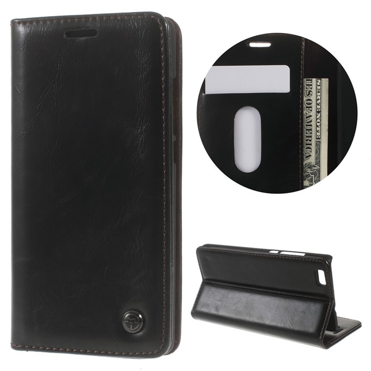 CASEME for Huawei Ascend P8 Lite Oil Wax Leather Wallet Cover - Black-1