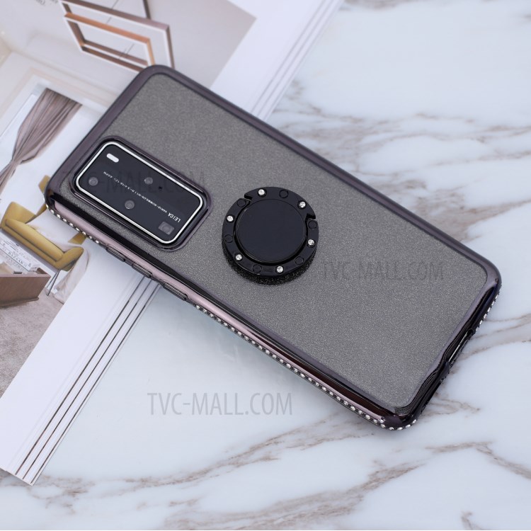 Glittery Powder Electroplating TPU Phone Shell with Metal Kickstand Cover for Huawei P40 Pro - Black-1