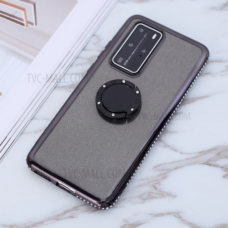 Glittery Powder Electroplating TPU Phone Shell with Metal Kickstand Cover for Huawei P40 Pro - Black-3