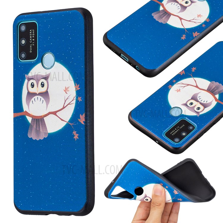 Pattern Printing Embossed TPU Phone Back Shell for Honor 9A - Owl and Moon-1