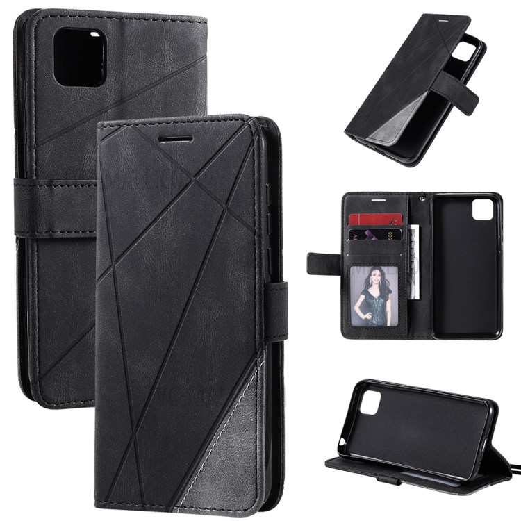 Color Blocking with Wallet Pocket and Card Slots Leather Shell for Huawei Y5p - Black-1