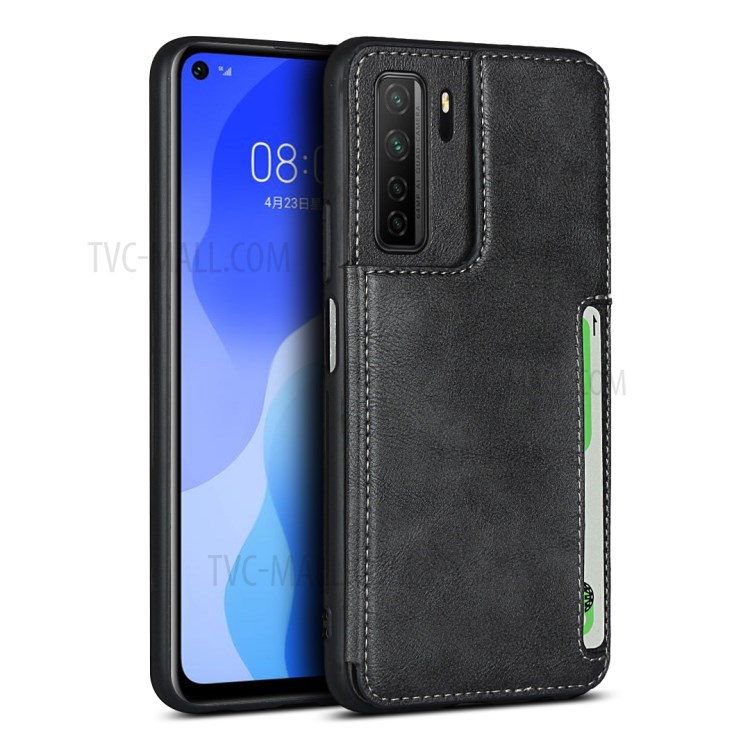 Leather Coated TPU Kickstand Case with Card Slots for Huawei Nova 7 SE/P40 Lite 5G - Black-1