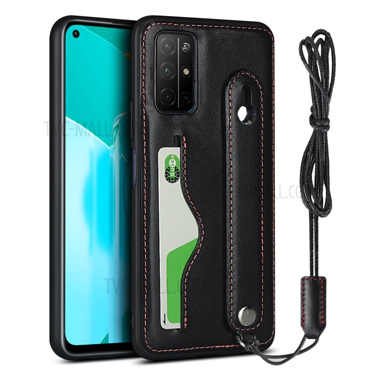 Handy Strap Kickstand Card Holder Genuine Leather Coated TPU Cover with Lanyard for Honor 30S - Black-1
