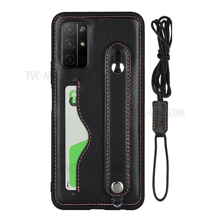 Handy Strap Kickstand Card Holder Genuine Leather Coated TPU Cover with Lanyard for Honor 30S - Black-2