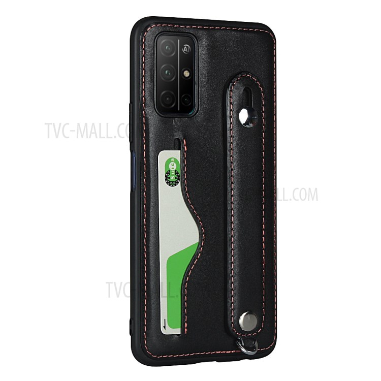 Handy Strap Kickstand Card Holder Genuine Leather Coated TPU Cover with Lanyard for Honor 30S - Black-3