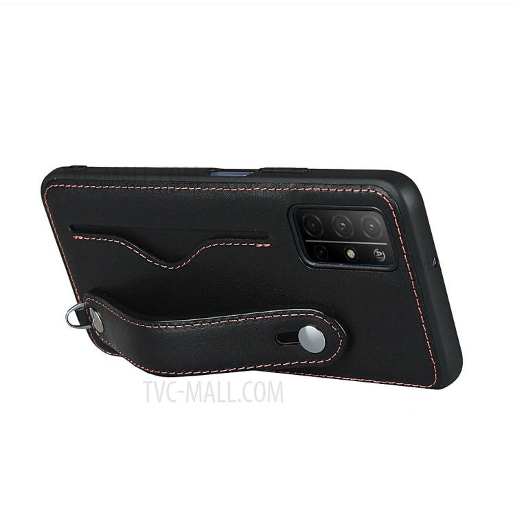 Handy Strap Kickstand Card Holder Genuine Leather Coated TPU Cover with Lanyard for Honor 30S - Black-4