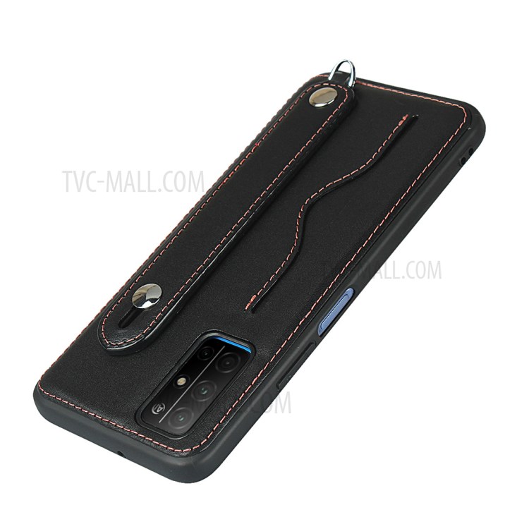 Handy Strap Kickstand Card Holder Genuine Leather Coated TPU Cover with Lanyard for Honor 30S - Black-5
