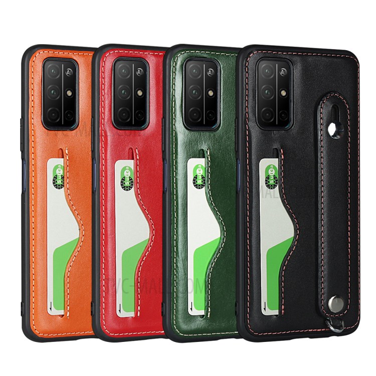 Handy Strap Kickstand Card Holder Genuine Leather Coated TPU Cover with Lanyard for Honor 30S - Black-8