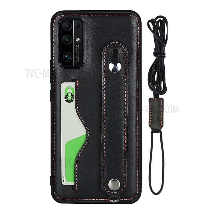 Handy Strap Kickstand Card Holder Genuine Leather Coated TPU Case with Lanyard for Honor 30 - Black-2