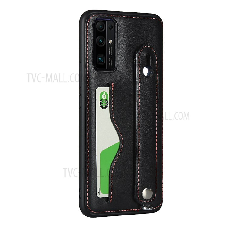 Handy Strap Kickstand Card Holder Genuine Leather Coated TPU Case with Lanyard for Honor 30 - Black-3