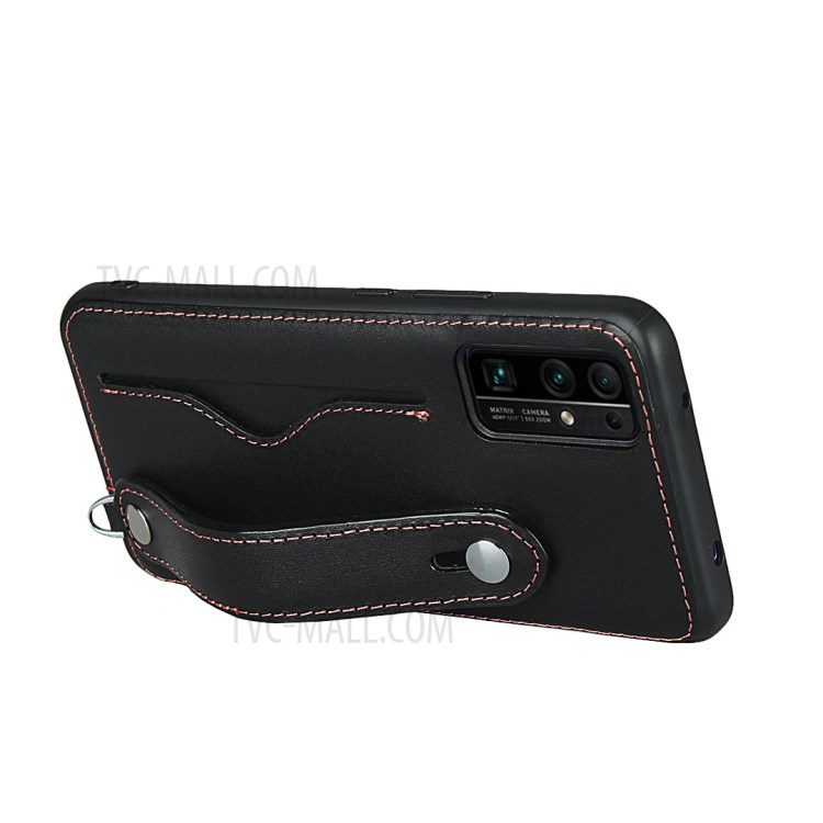 Handy Strap Kickstand Card Holder Genuine Leather Coated TPU Case with Lanyard for Honor 30 - Black-4