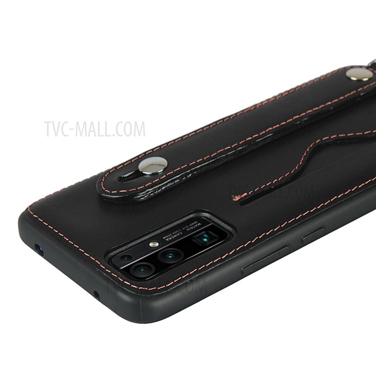 Handy Strap Kickstand Card Holder Genuine Leather Coated TPU Case with Lanyard for Honor 30 - Black-6