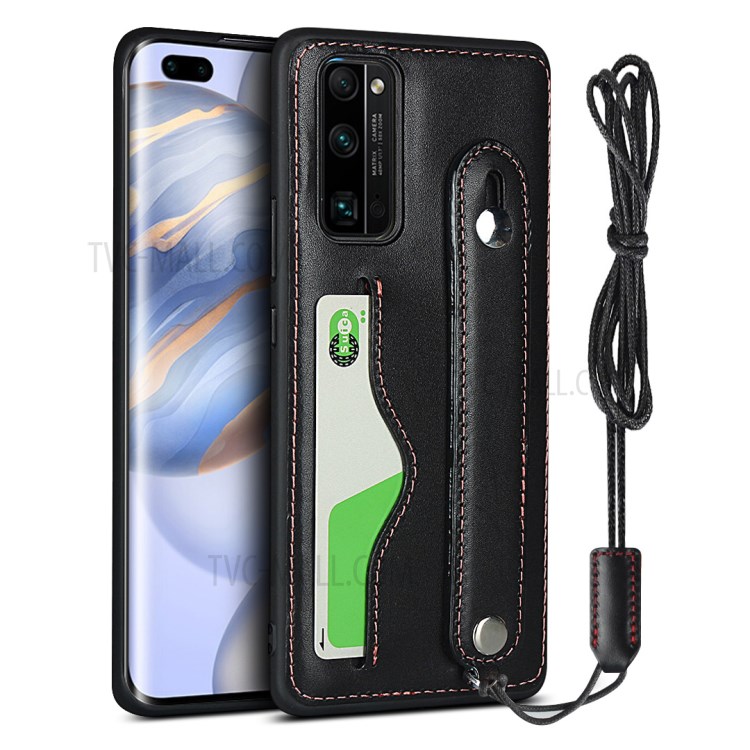 Handy Strap Kickstand Card Holder Genuine Leather Coated TPU Case with Lanyard for Honor 30 Pro - Black-1