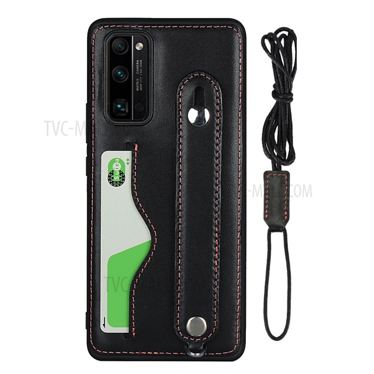 Handy Strap Kickstand Card Holder Genuine Leather Coated TPU Case with Lanyard for Honor 30 Pro - Black-2