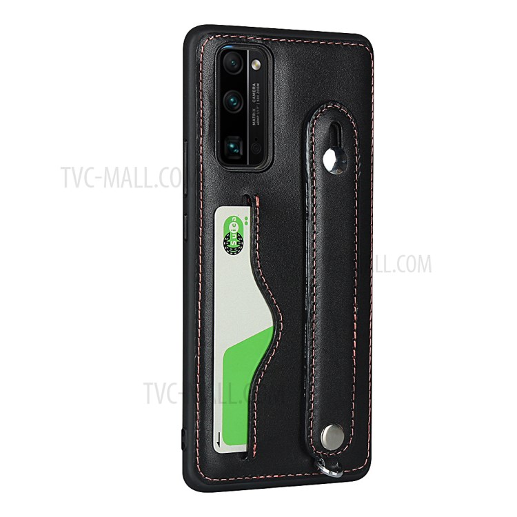 Handy Strap Kickstand Card Holder Genuine Leather Coated TPU Case with Lanyard for Honor 30 Pro - Black-3