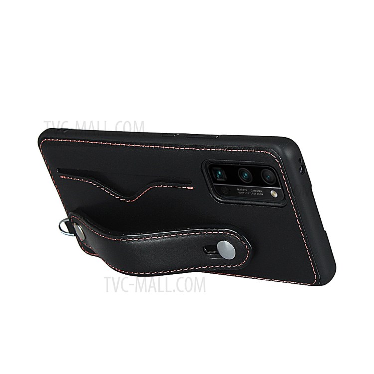 Handy Strap Kickstand Card Holder Genuine Leather Coated TPU Case with Lanyard for Honor 30 Pro - Black-5