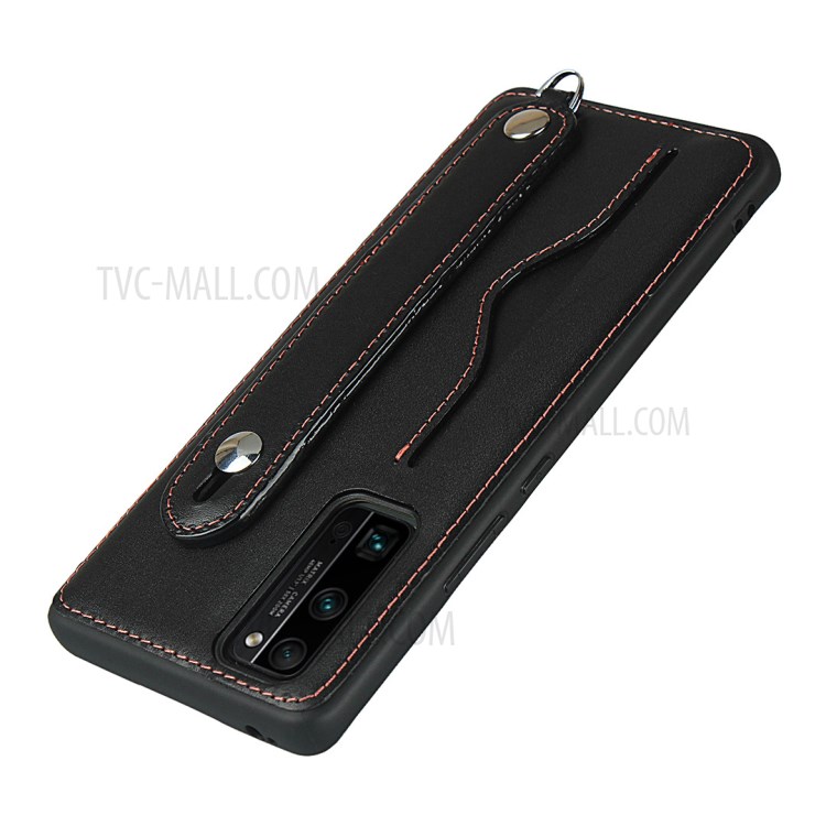 Handy Strap Kickstand Card Holder Genuine Leather Coated TPU Case with Lanyard for Honor 30 Pro - Black-6