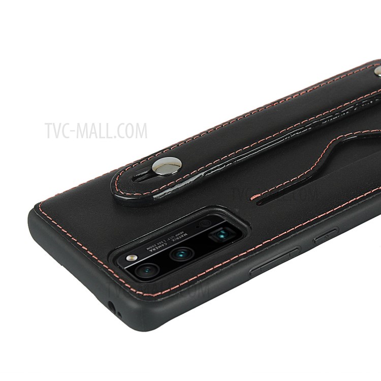 Handy Strap Kickstand Card Holder Genuine Leather Coated TPU Case with Lanyard for Honor 30 Pro - Black-7