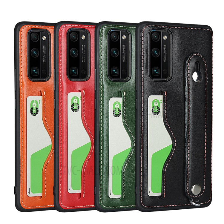 Handy Strap Kickstand Card Holder Genuine Leather Coated TPU Case with Lanyard for Honor 30 Pro - Black-8