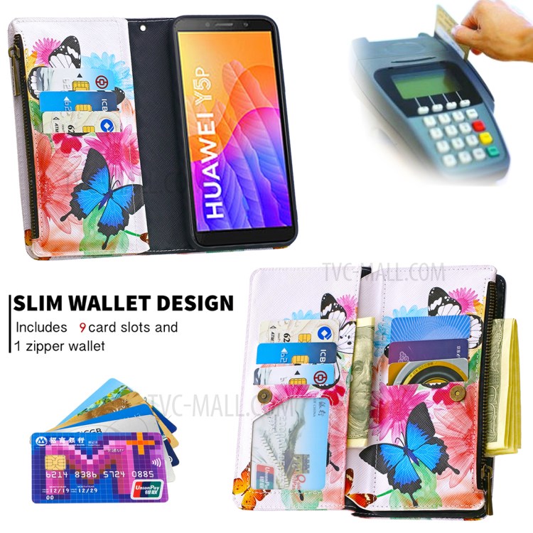 BF03 Pretty Pattern Printing Case Zipper Wallet Leather Cover for Huawei Y5p/Honor 9S - Vivid Butterfly-6