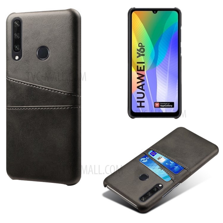 Double Card Slots PU Leather Coated Plastic Protector Cover for Huawei Y6p - Black-1