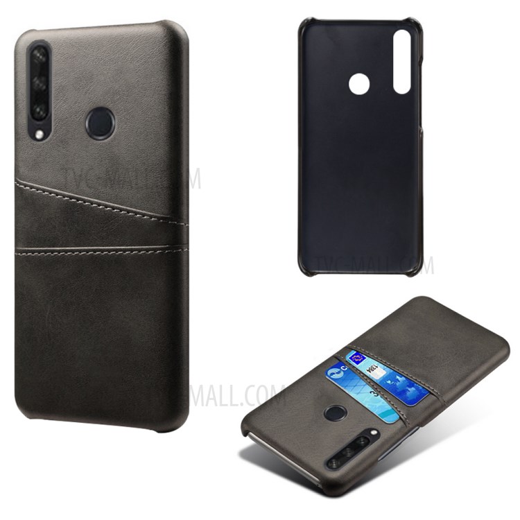 Double Card Slots PU Leather Coated Plastic Protector Cover for Huawei Y6p - Black-2