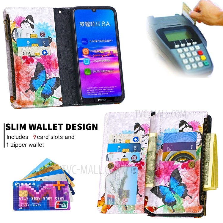 Pattern Printing Zipper Pocket Leather Wallet Stand Case for Huawei Y6 (2019, with Fingerprint Sensor)/Y6 Prime (2019) - Vivid Butterflies-6