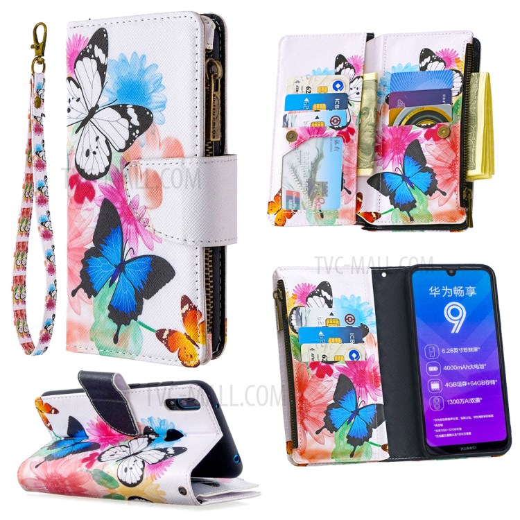 Pattern Printing Zipper Pocket Wallet Leather Stand Case for Huawei Y7 (2019) - Vivid Butterflies-1