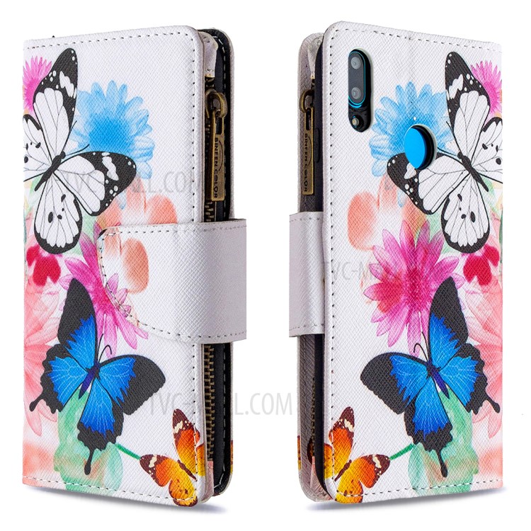 Pattern Printing Zipper Pocket Wallet Leather Stand Case for Huawei Y7 (2019) - Vivid Butterflies-4