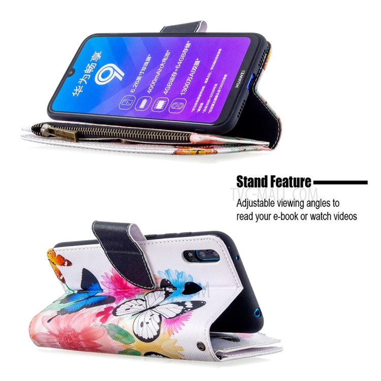 Pattern Printing Zipper Pocket Wallet Leather Stand Case for Huawei Y7 (2019) - Vivid Butterflies-5