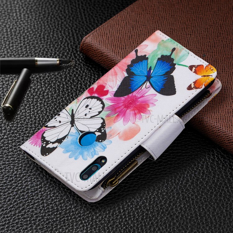 Pattern Printing Zipper Pocket Wallet Leather Stand Case for Huawei Y7 (2019) - Vivid Butterflies-8