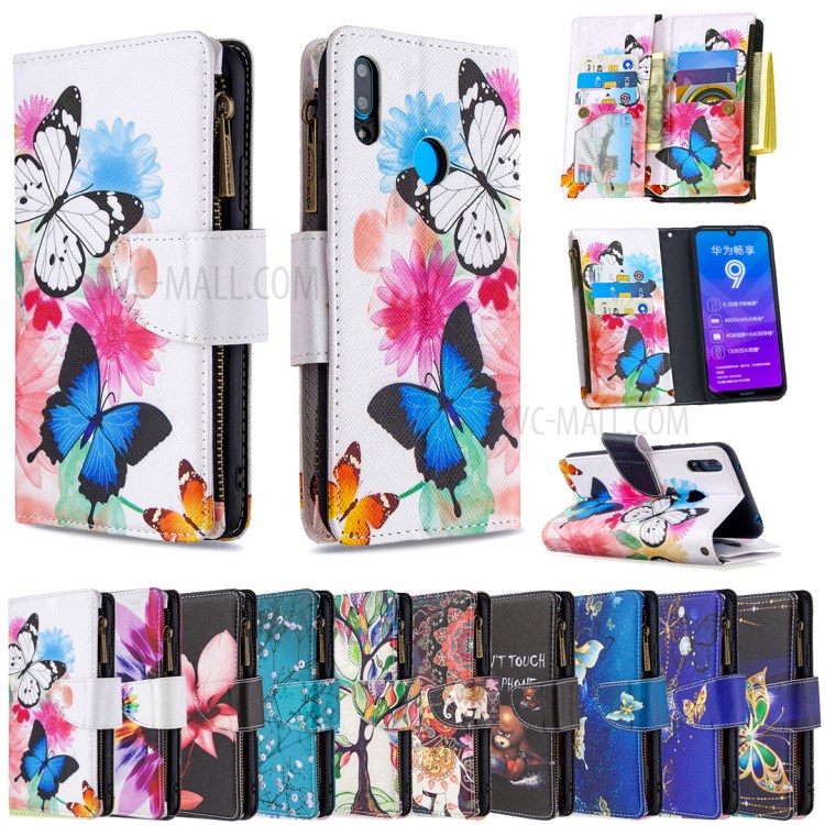 Pattern Printing Zipper Pocket Wallet Leather Stand Case for Huawei Y7 (2019) - Vivid Butterflies-9