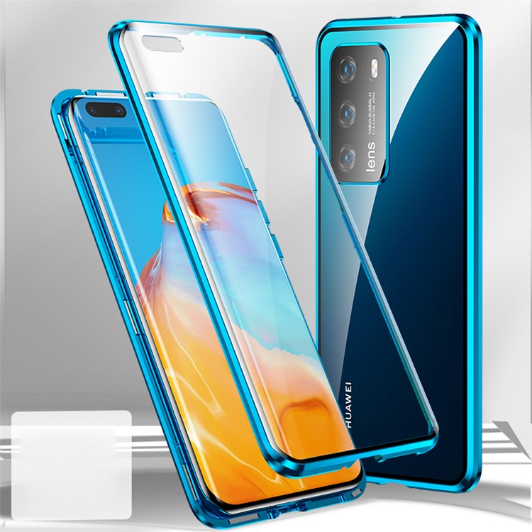 Full Wrapped Metal+Tempered Glass Phone Case with Camera Protective Cover for Huawei P40 - Blue-1