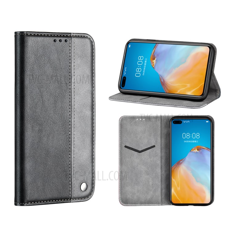 Auto-absorbed Business Splice Leather Case with Stand Card Slot Cover for Huawei P40 - Grey-1